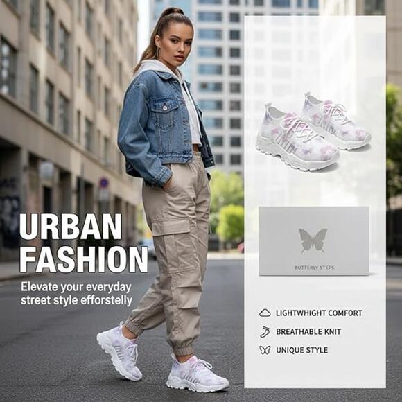 BRAND NEW ~ Women's Cute Blue & Pink Butterfly White Sneakers Walking Shoes ~ 9 - Picture 4 of 5